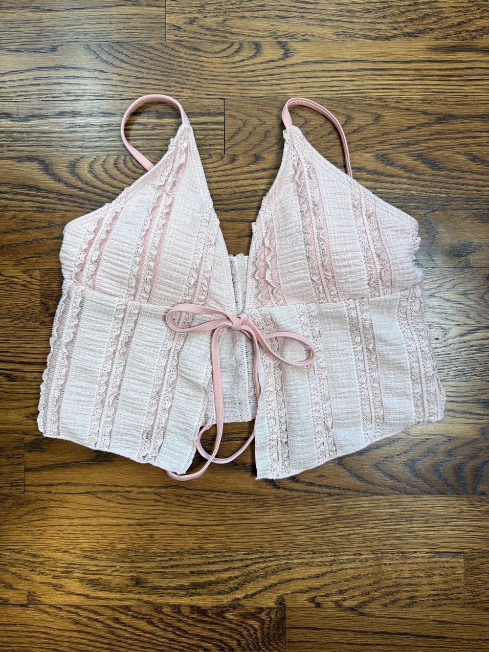 SEAMOLLY Women’s Light Pink Lace-Trim Cropped Tankini Fairy Boho Cottage Top M